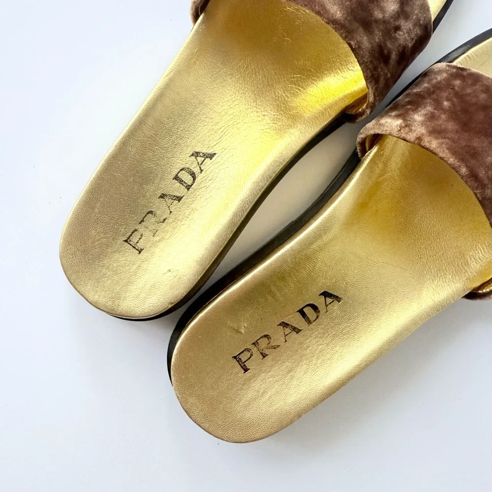 Prada Velvet Slide Sandals in Brown & Gold Size 36 - Picture 11 of 15